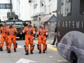 La tripulación de la misión Artemis II, de derecha a izquierda los astronautas de la NASA, la especialista de misión Christina Koch, el comandante Reid Wiseman, el piloto Victor Glover, y el astronauta de la Agencia Espacial Canadiense (CSA), el especialista de misión Jeremy Hansen.