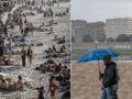 A la izquierda, varias personas disfrutan de la playa en A Coruña en este mes de abril, a la derecha, dos personas pasan por delante del mismo arenal en un día de lluvia