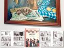 Na imaxe central, cadro de Sofía Feliú na que aparece un exemplar de El Ideal Gallego, e abaixo, varias páxinas e a portada do cómic ‘Mulleres Artistas no Museo das Mariñas