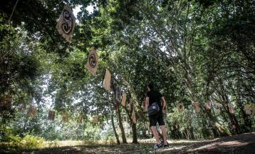 Una persona contempla los banderines colocados en el castro Maior de Cambre