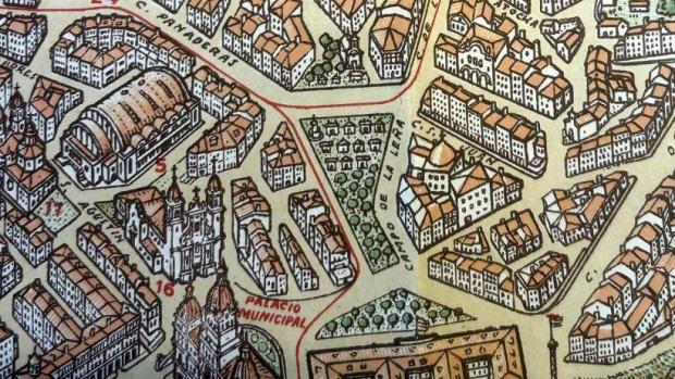 Mapa del lugar que ocupaba la antigua capilla de San Roque a las puertas del Campo de la Leña, ahora plaza de España