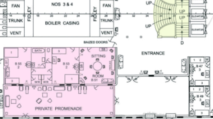 Plano de la cubierta B del ‘Titanic’. En rosa, la suite de Thomas. En amarillo, la gran escalera del barco