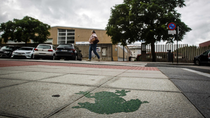 Ranas pintadas en el suelo, en el entorno del CEIP Fernández Latorre