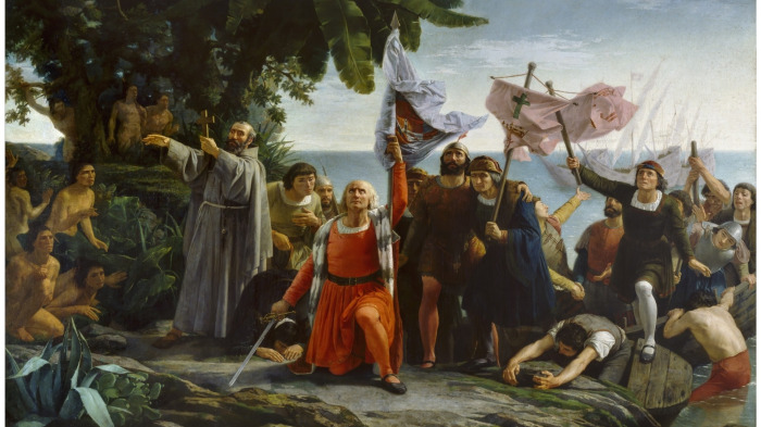 Primer desembarco de Cristobal Colon en America, cuadro en el Salon Real de Maria Pita