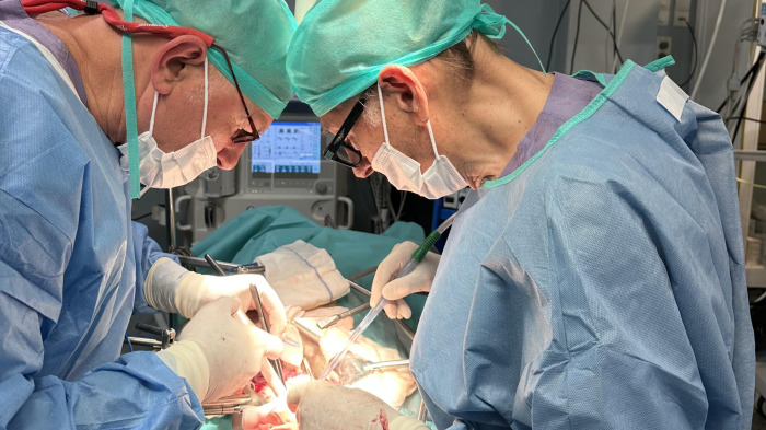 Javier Rodríguez Rivera y Marcelino González Martín, en el quirófano experimental del Inibic