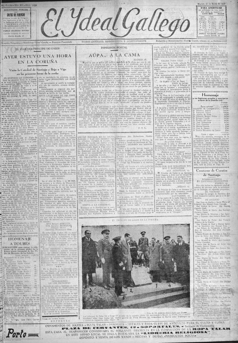 Portada de El Ideal Gallego del martes 20 de enero de 1931