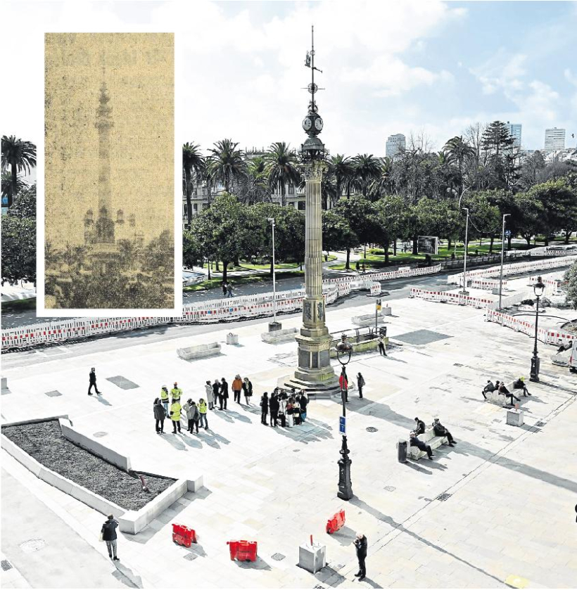 El Obelisco actual, en plenas obras, y, sobreimpresionado, el monumento hace 75 años, cuando creció y se le añadieron farolas