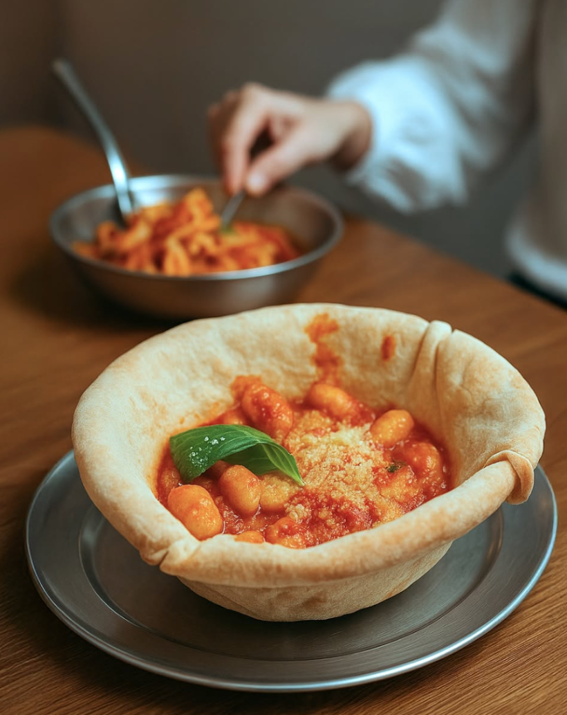 Ñoquis a la sorrentina en cesta de pan casero