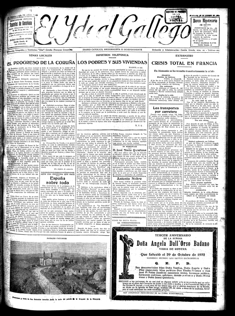 El Ideal Gallego de 1925, con una carta del alcalde mencionando la "ciudad de cristal"