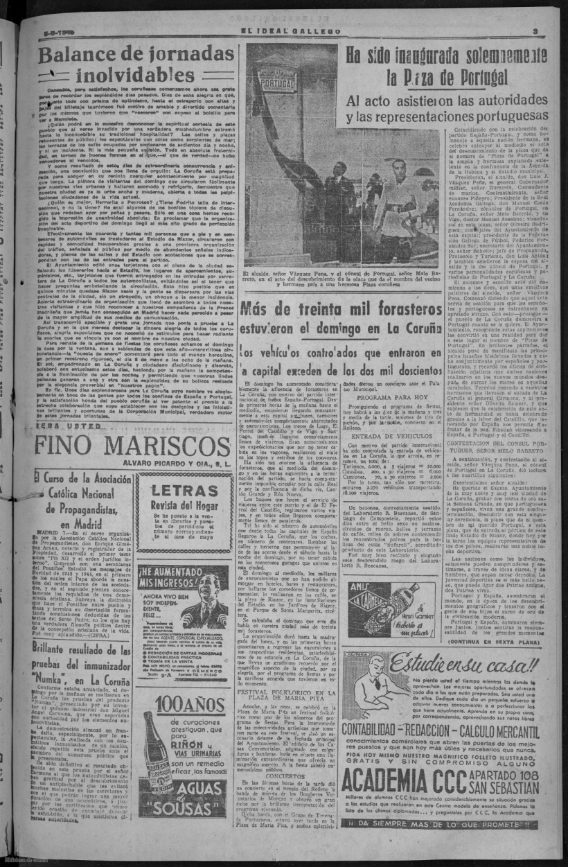 Portada de El Ideal Gallego con la inauguración en 1945 de la plaza de Portugal