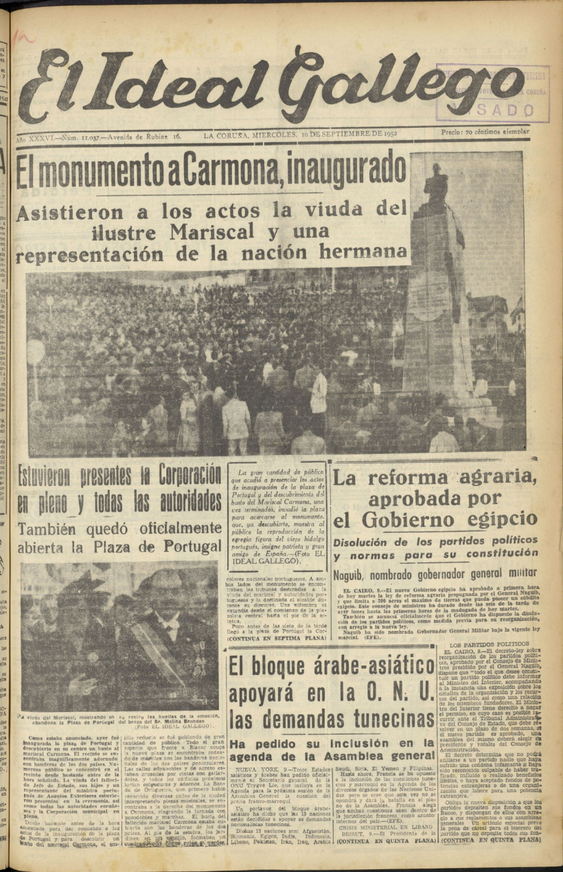 Inauguración del monumento al mariscal Carmona en la plaza de Portugal