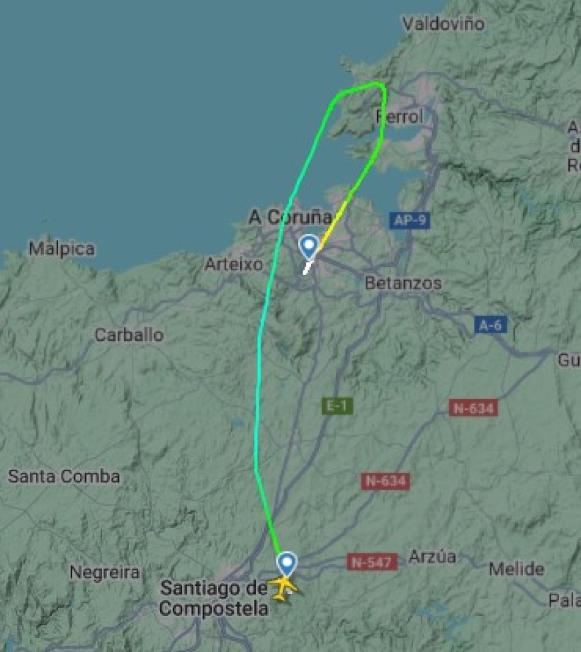 Recorrido realizado este 27 de diciembre por el avión que tuvo que ser desviado a Santiago al estar Alvedro cerrado por la irrupción de un jabalí en la pista