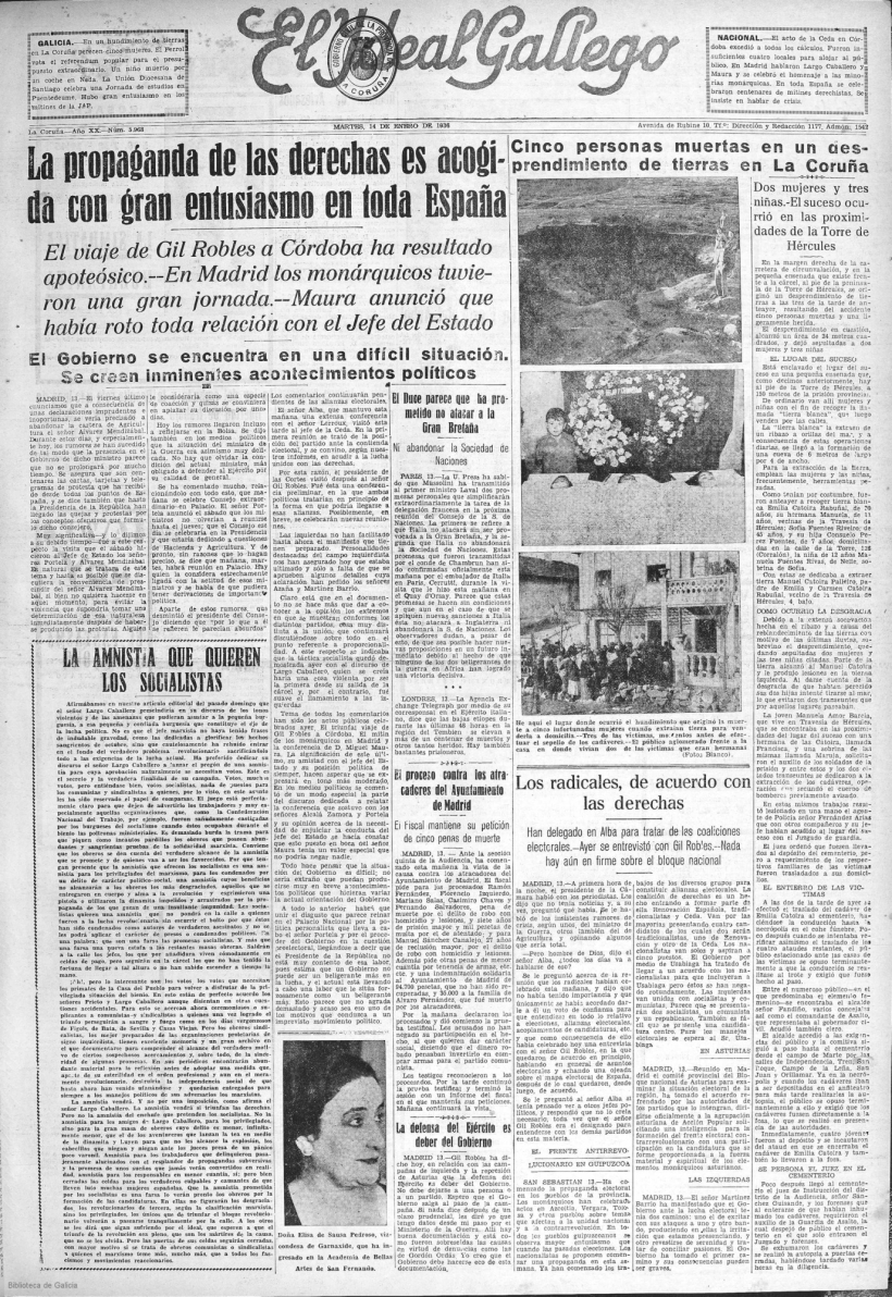 Edición del 14 de enero de 1936 de El Ideal Gallego en la que aparece la información de las cinco muertes por el desprendimiento de tierras