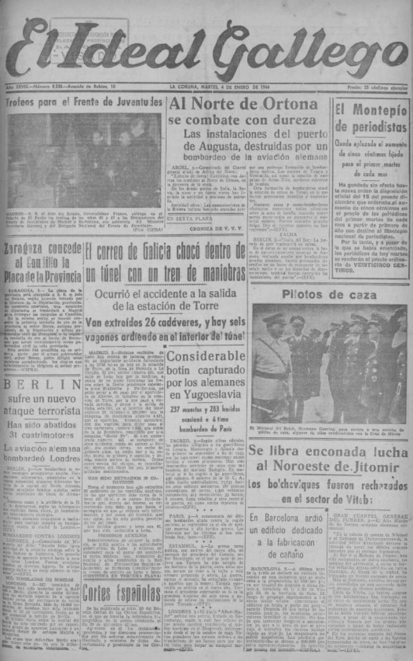 Portada de El Ideal Gallego de 1944 con la información del accidente de Torre del Bierzo