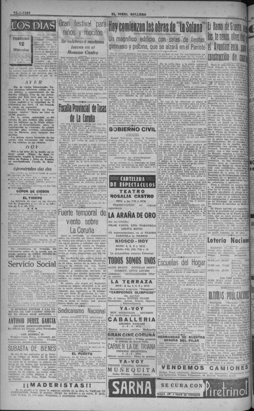 Imagen de El Ideal Gallego del 12 de febrero de 1941 en el que se anuncia el inicio de las obras de La Solana