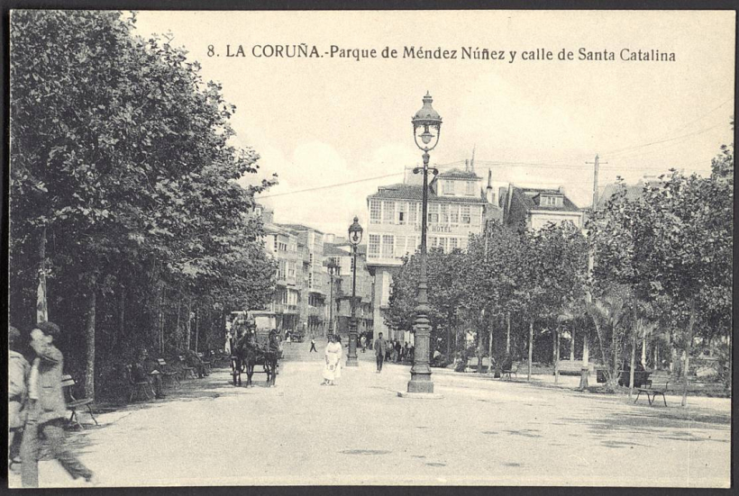 La Coruña. Parque de Méndez Núñez y calle de Santa Catalina 1910-1930