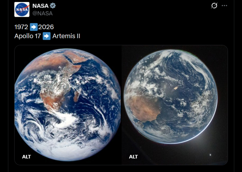 Fotografías publicadas por la NASA en su cuenta oficial de X que muestra una vista de la Tierra tomada por la tripulación del Apollo 17 en 1972 (i) junto a la última imagen capturada desde la nave Orión de la misión Artemis II el pasado 2 de abril