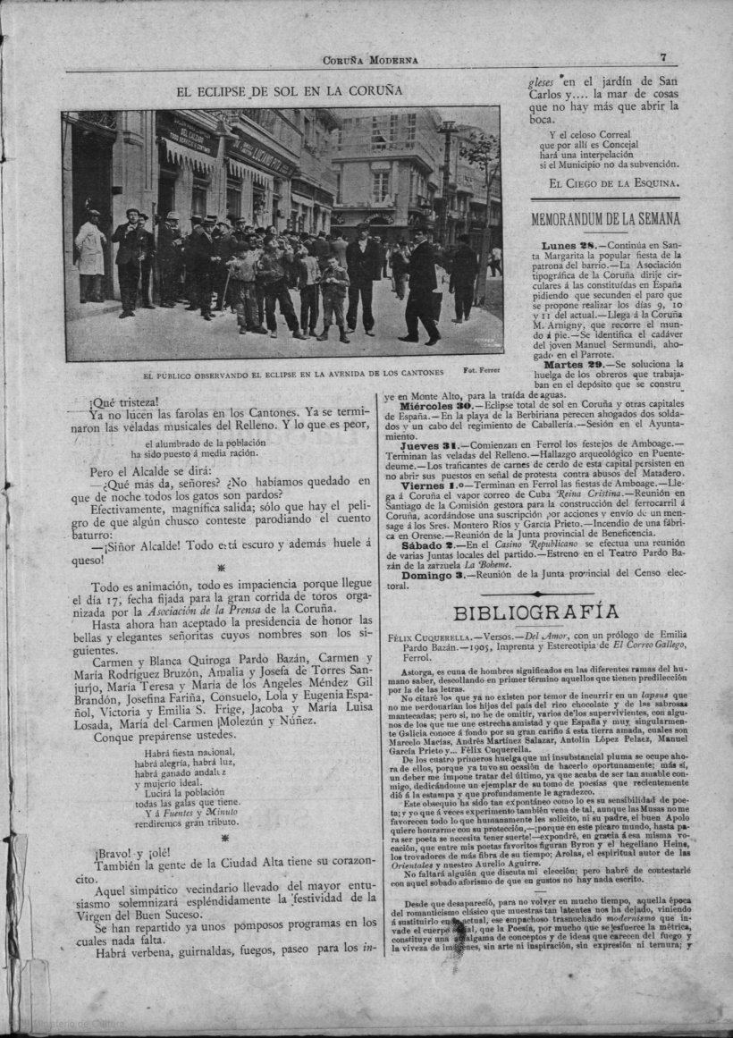 Página de la revista 'Coruña Moderna' con la crónica del eclipse de 1905