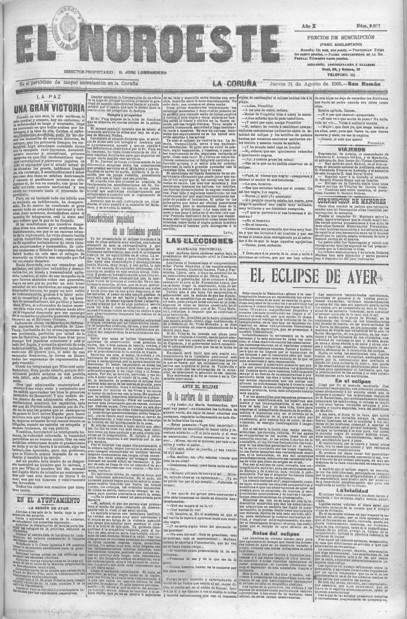 Portada de 'El Noroeste' en la jornada siguiente al eclipse de sol total de 1905 en A Coruña