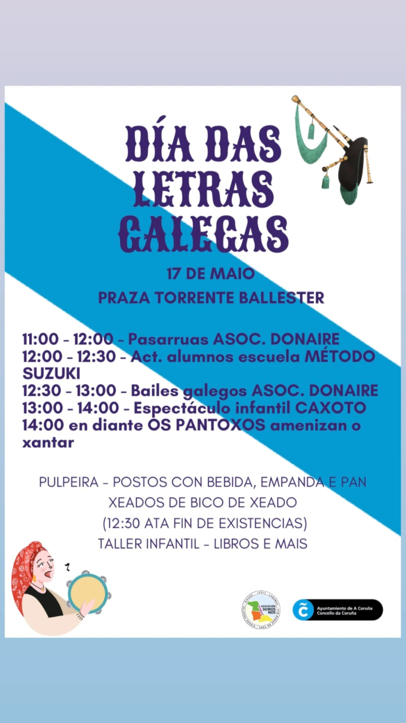 Cartel Día das Letras Galegas en la plaza Torrente Ballester