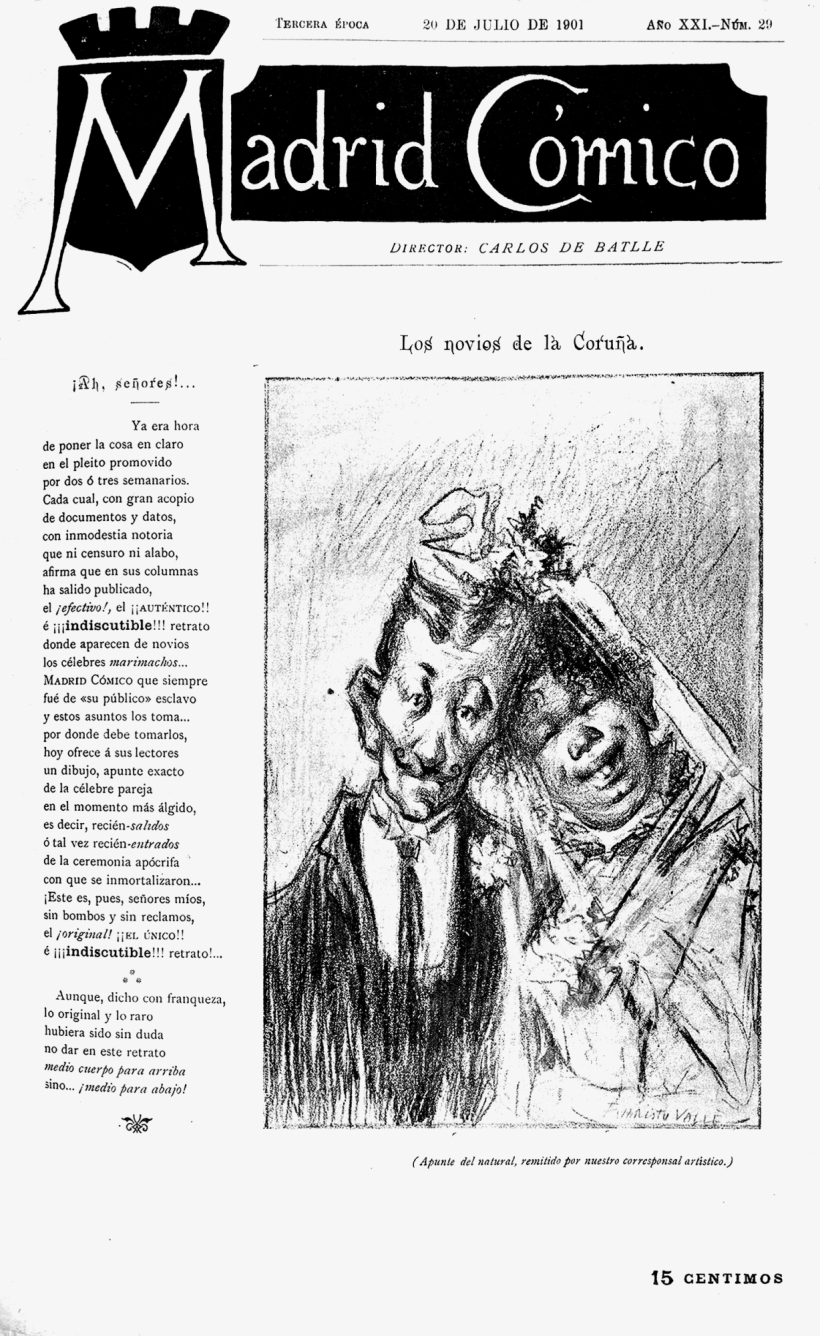 El matrimonio fue tomado a mofa por revistas como ‘Madrid Cómico’, que lo llevó a su primera página el 20 de julio de 1901