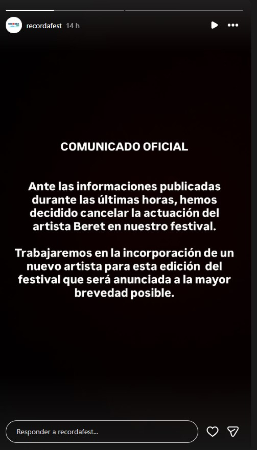 Comunicado del Recorda Fest anunciando la cancelación del concierto de Beret