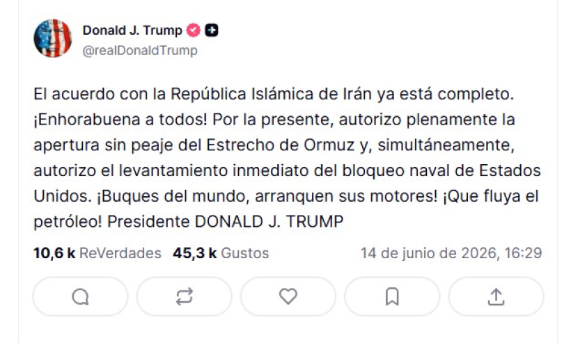 Captura de una publicación en la cuenta en Truth Social @realDonaldTrump del presidente de EE.UU., Donald Trump, donde anuncia que ha alcanzado un acuerdo con Irán