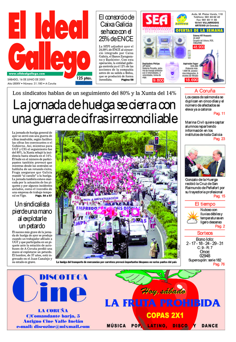 Portada de El Ideal Gallego del 16 de junio de 2001