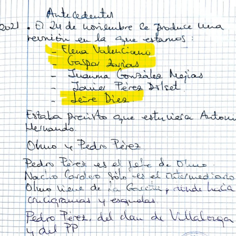 MADRID, 05/06/2026.- Captura de uno de los documentos del sumario que instruye el juez de la Audiencia Nacional Santiago Pedraz, al que ha tenido acceso EFE, que incorpora una libreta azul que la UCO atribuye a Leire Díez llena de anotaciones, algo desordenadas y muchas veces sin fechas atribuidas, y referencias a reuniones, "asuntos abiertos" o "cosas pendientes". En sus primeras páginas, y bajo el epígrafe "antecedentes", se hace alusión al 24 de noviembre de 2021 y a una reunión en la que estarían presentes, entre otros, los exdirigentes socialistas Elena Valenciano y Gaspar Zarrías, Leire Díez y el empresario e imputado Javier Pérez Dolset, y a la que, según la anotación, iba a acudir el actual secretario de Estado de Telecomunicaciones, Antonio Hernando. EFE -SÓLO USO EDITORIAL/SOLO USO PERMITIDO PARA ILUSTRAR LA NOTICIA QUE APARECE EN EL PIE DE FOTO (CRÉDITO OBLIGATORIO)-