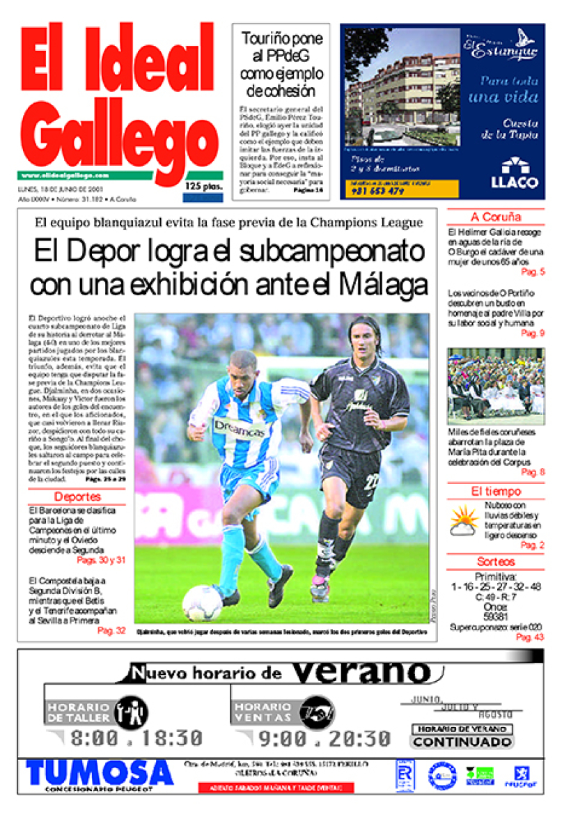 Portada de El Ideal Gallego del 18 de junio de 2001