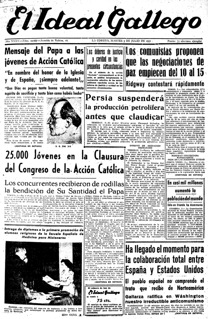 Portada de El Ideal Gallego del 3 de julio de 1951