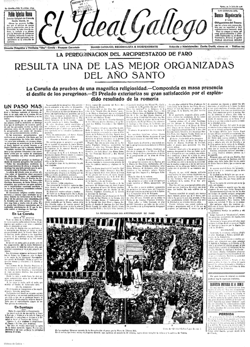 Portada de El Ideal Gallego del 20 de julio de 1926