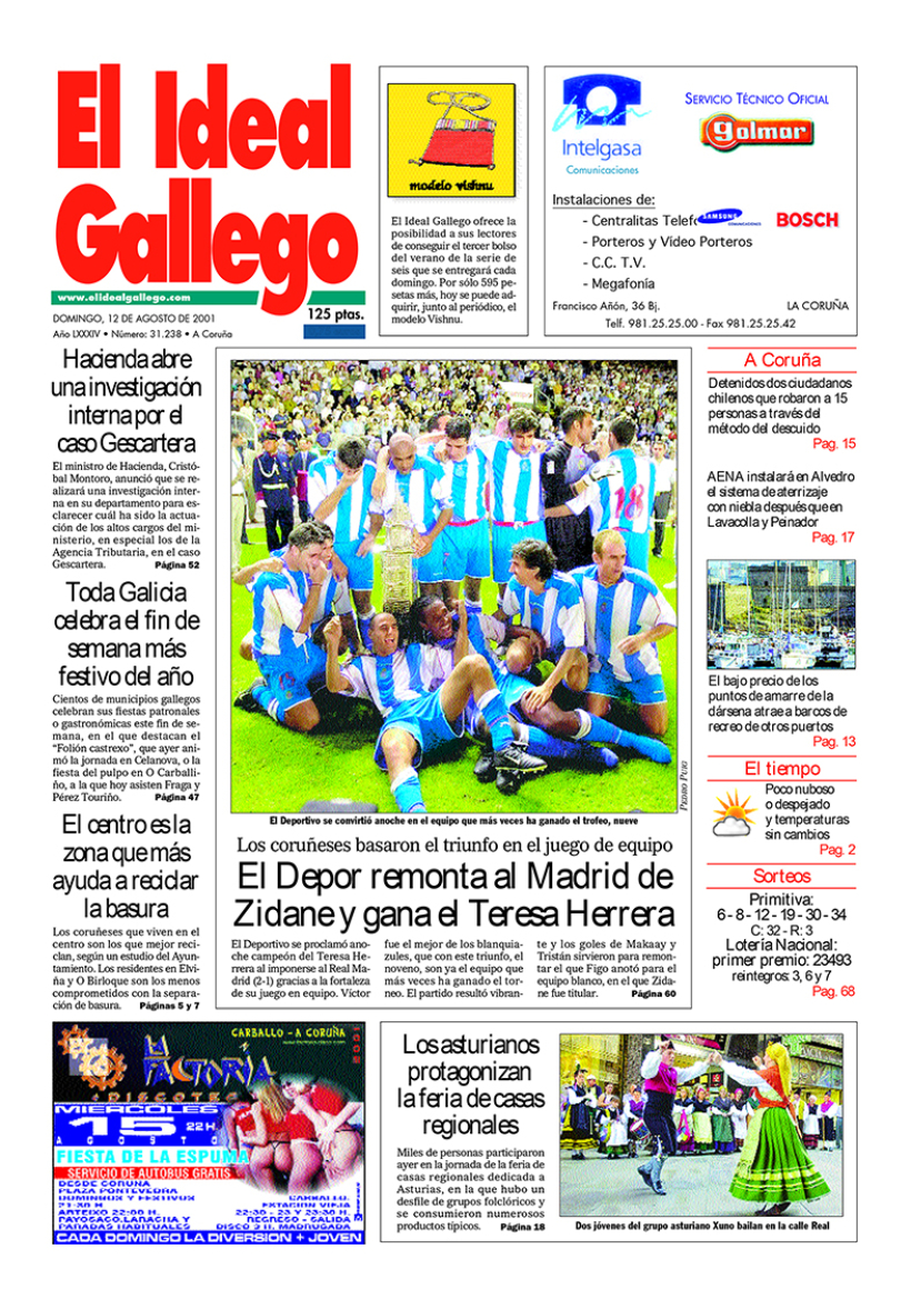 Portada de El Ideal Gallego del 12 de agosto de 2001