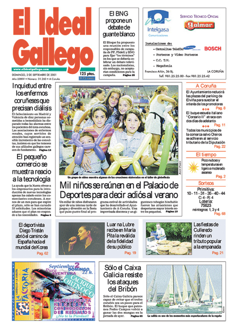 Portada de El Ideal Gallego del 2 de septiembre de 2001
