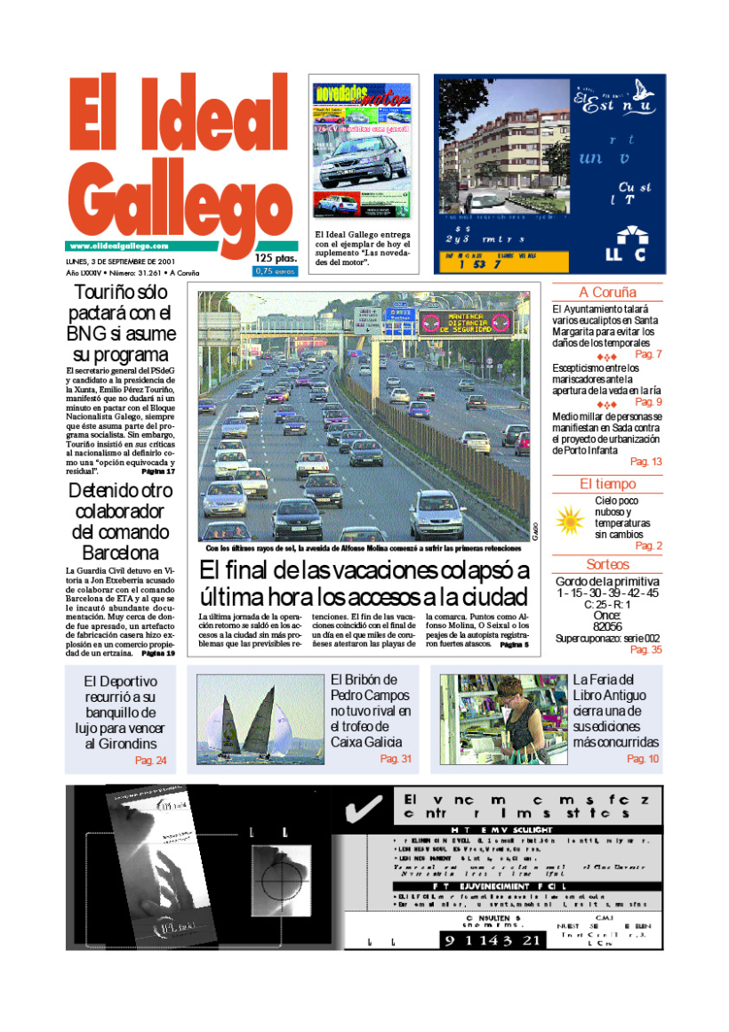 Portada de El Ideal Gallego del 3 de septiembre de 2001