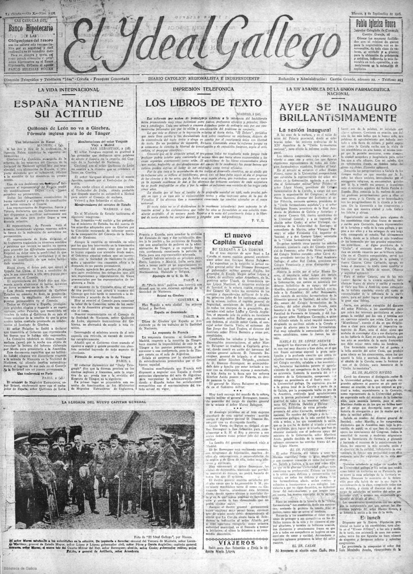 Portada de El Ideal Gallego de 3 de septiembre de 1926