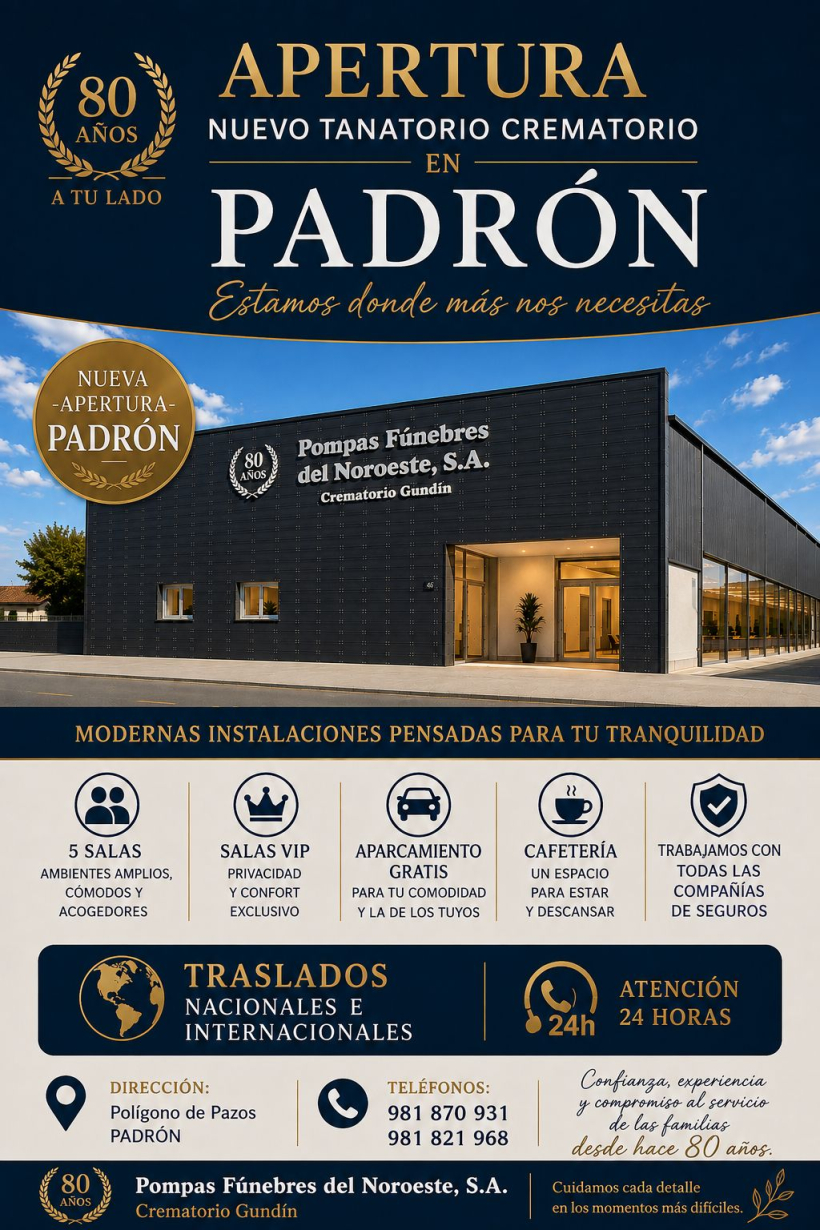 Los servicios del Tanatorio Crematorio de Pompas Fúnebres del Noroeste S.A. en Padrón
