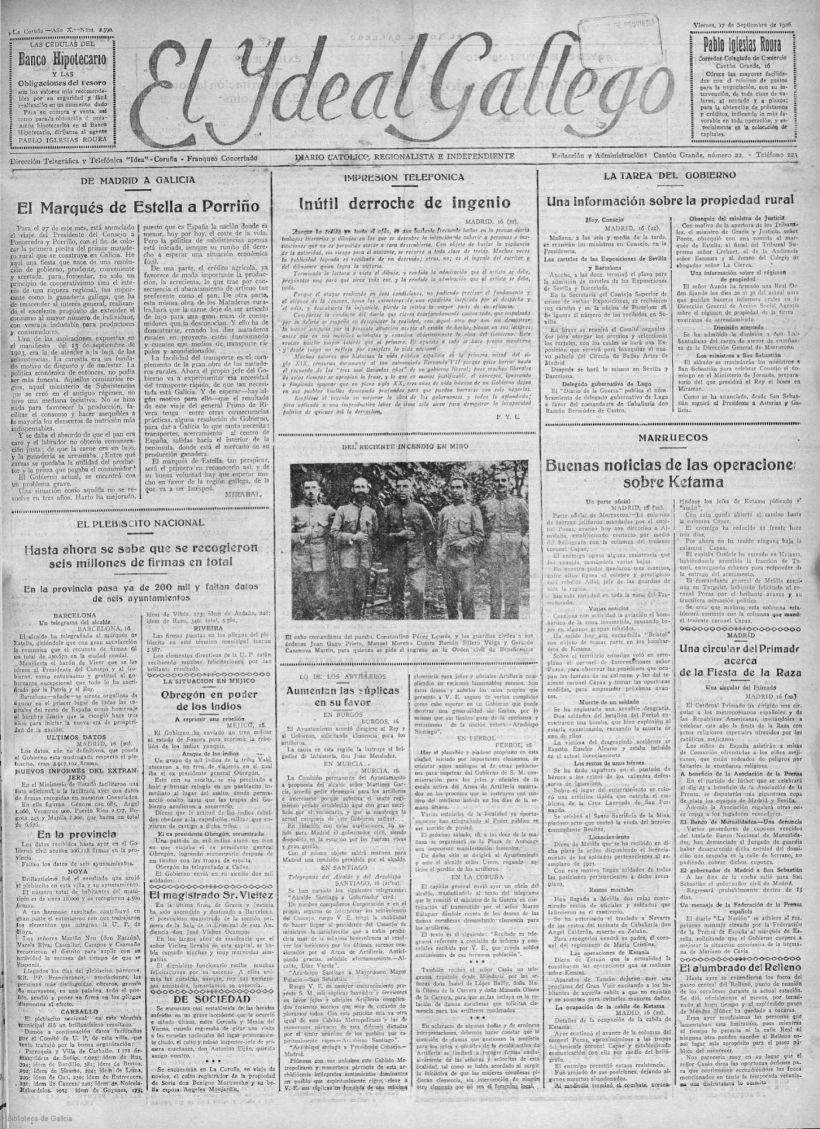 Portada de El Ideal Gallego del 17 de septiembre 1926