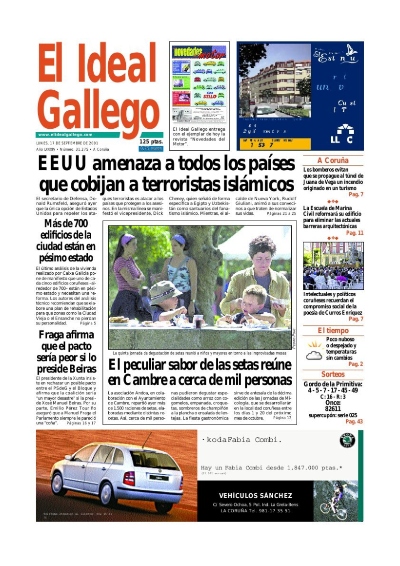 Portada de El Ideal Gallego del 17 de septiembre 2001