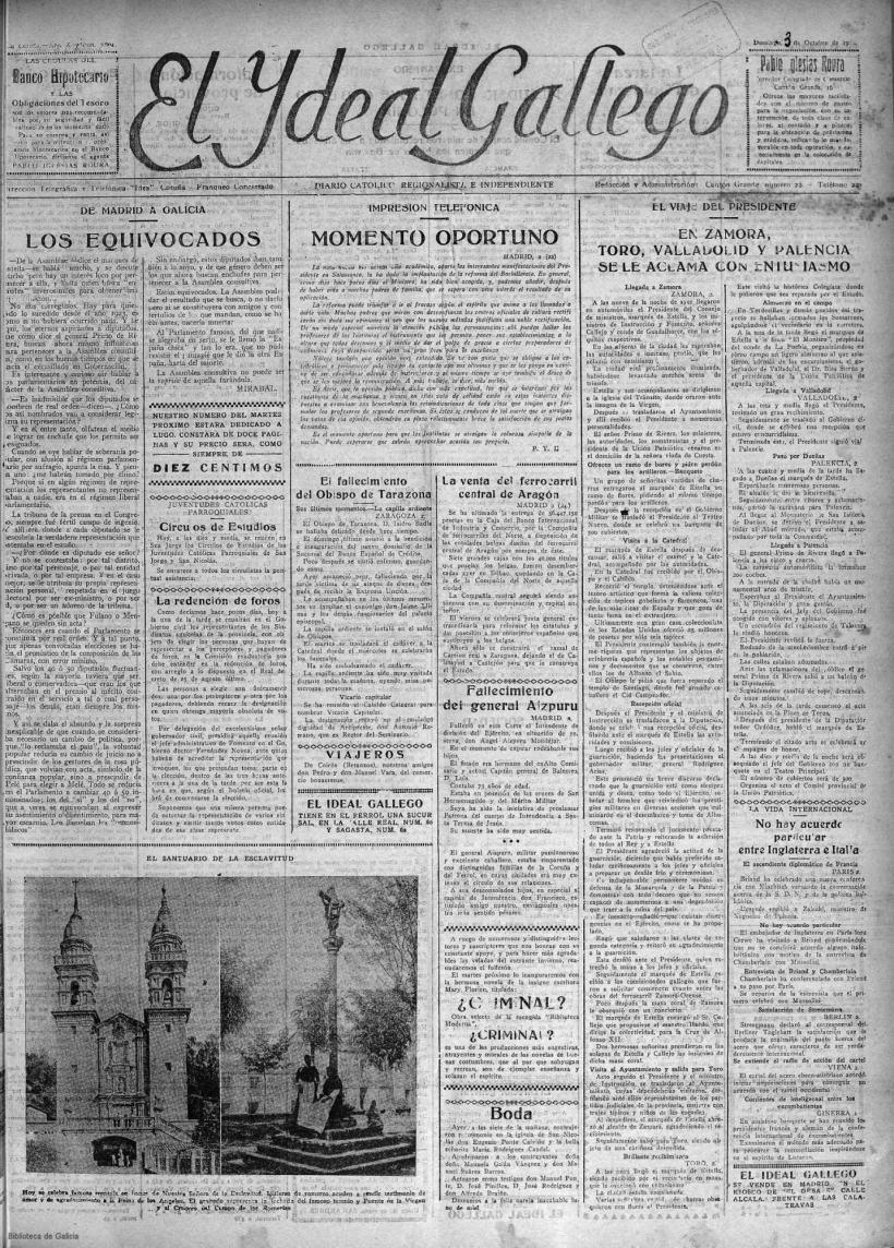 Portada de El Ideal Gallego del 3 de octubre de 1926