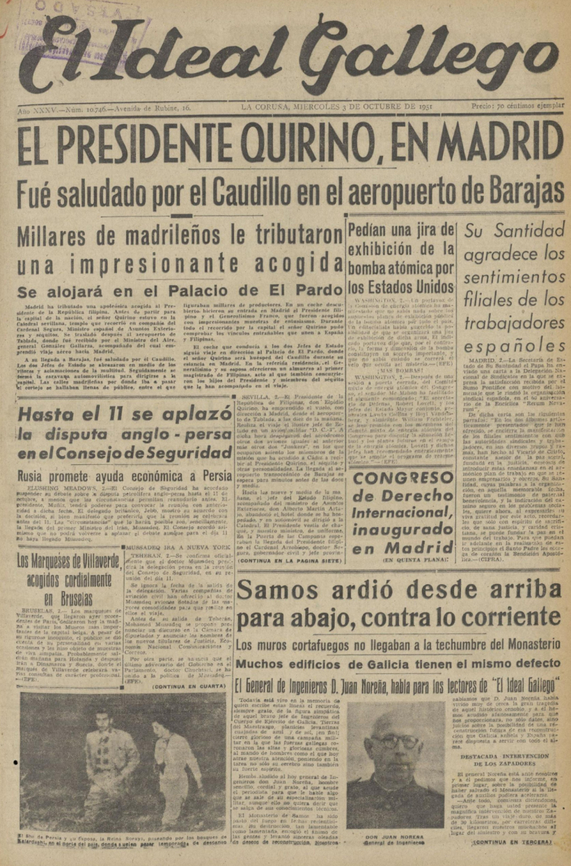 Portada de El Ideal Gallego del 3 de octubre de 1951