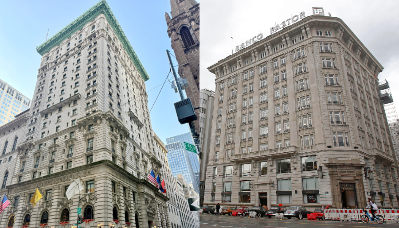 El edificio Península en Nueva York y el Banco Pastor en A Coruña