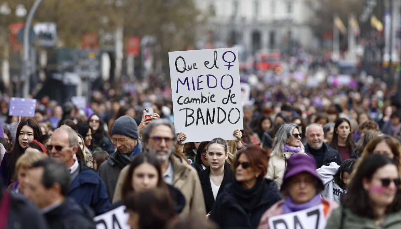 Un cartel sobresale entre las miles de personas que acudieron a manifestarse este domingo en Madrid