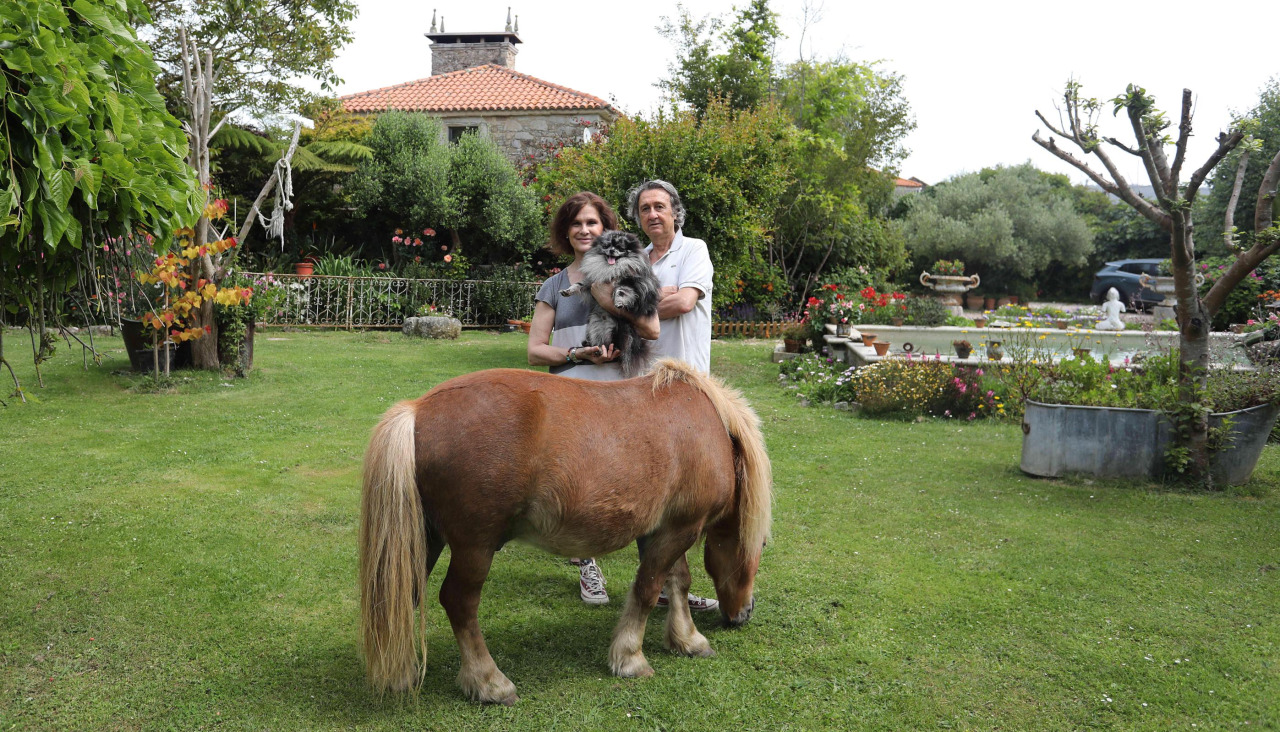 Mónica Arrojo y José Freire posan con el perro Pepe y el poni Gaspar