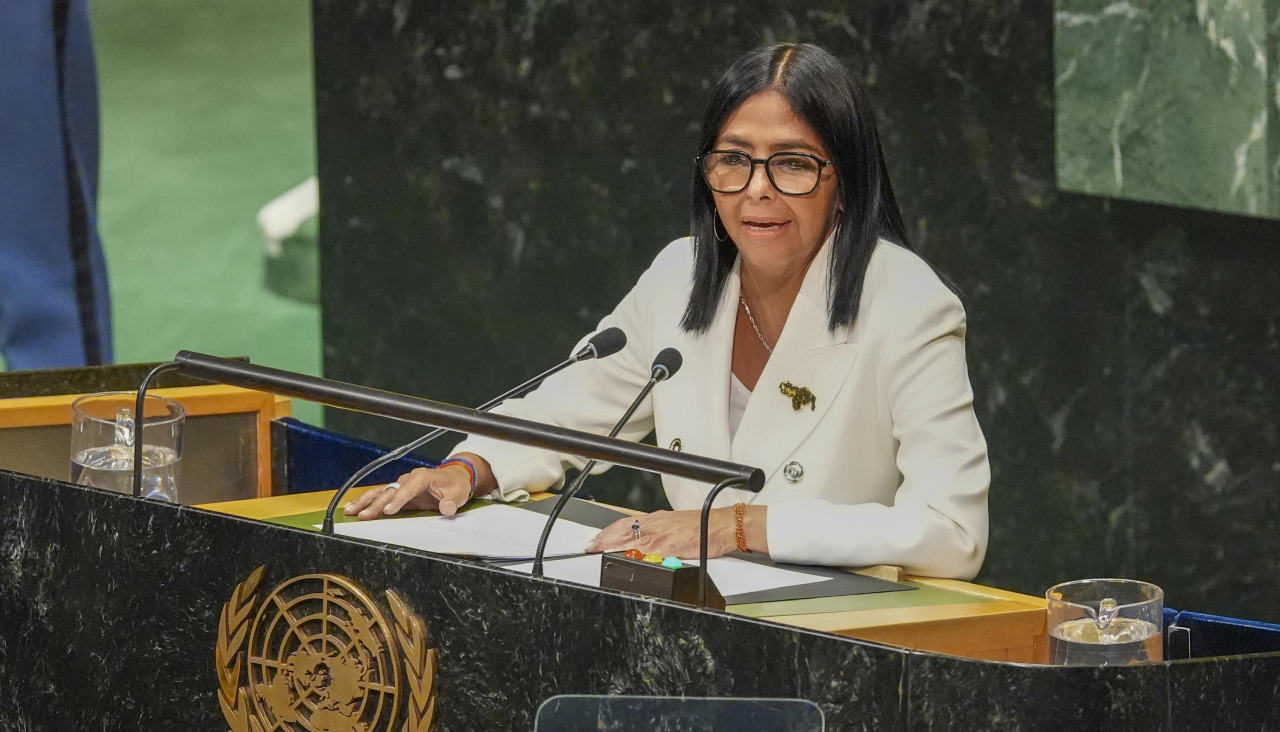 La presidenta encargada de Venezuela, Delcy Rodríguez, habla durante la 81ª Asamblea General de Naciones Unidas