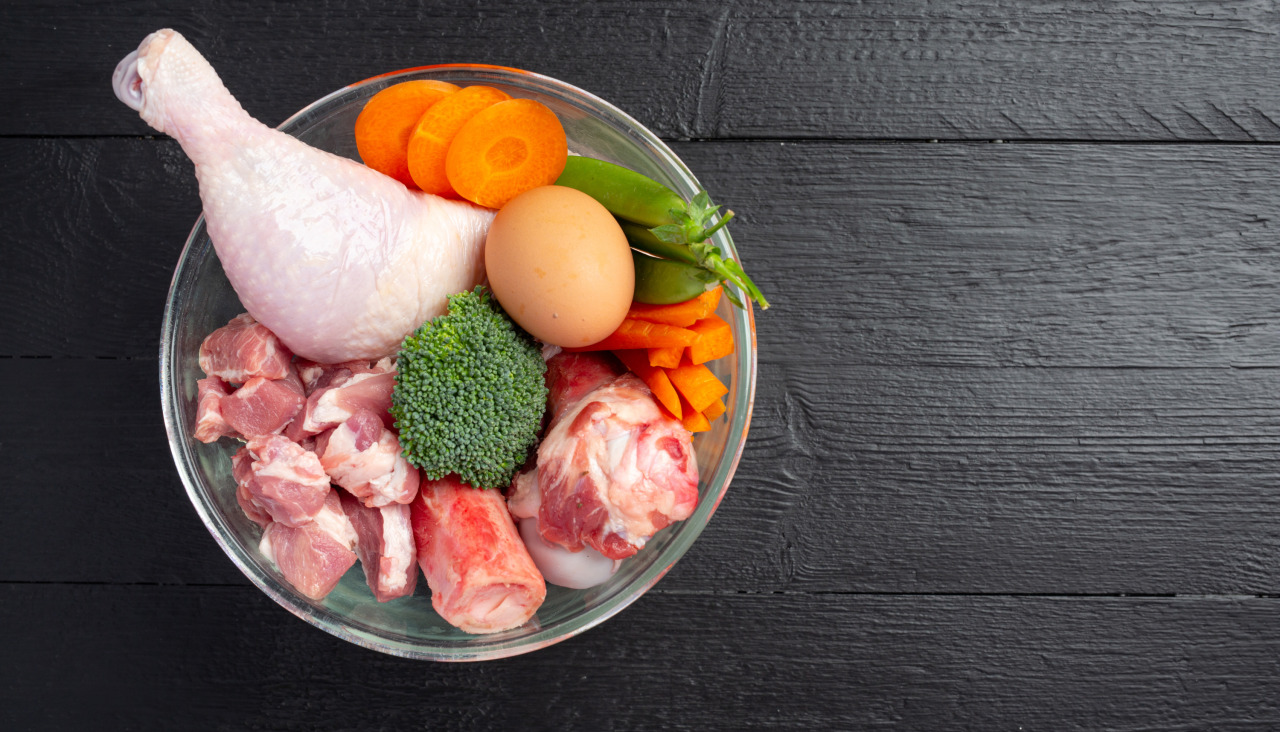 Ingredientes de alimentos para mascotas frescos y saludables en superficie oscura