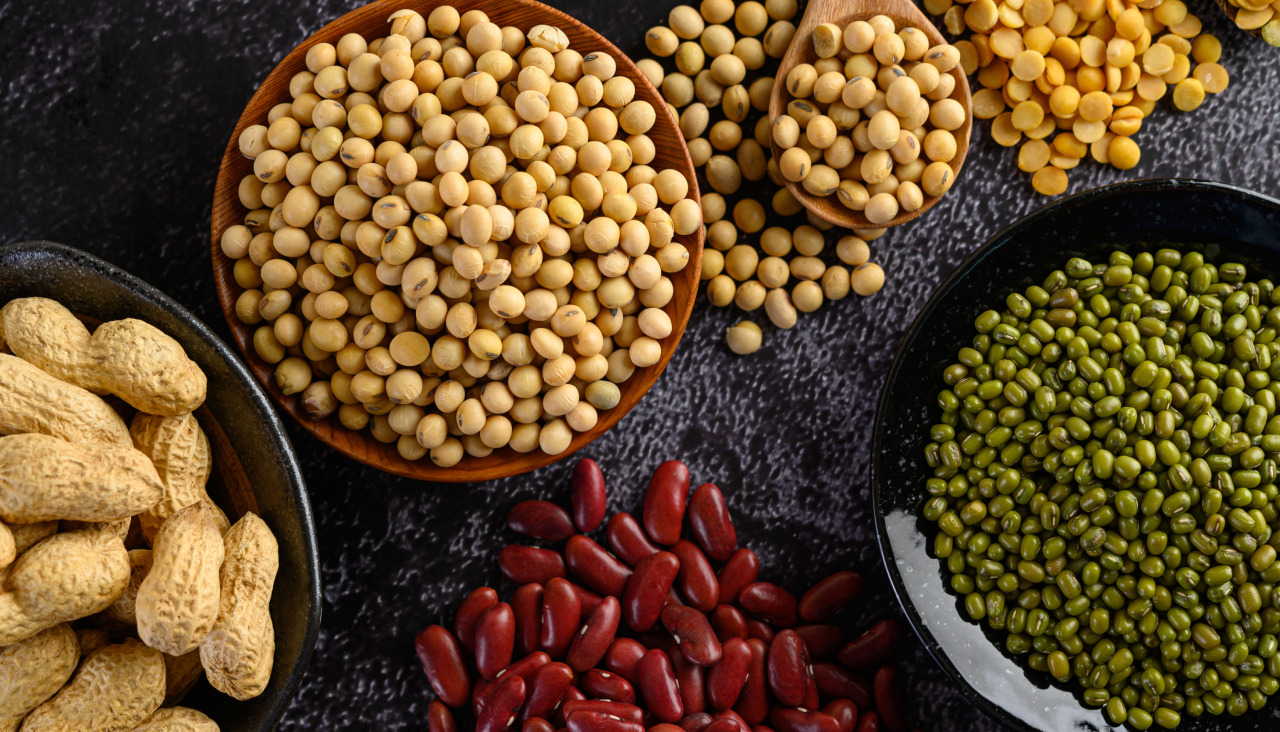 Surtido de legumbres y frijoles en el piso de cemento negro