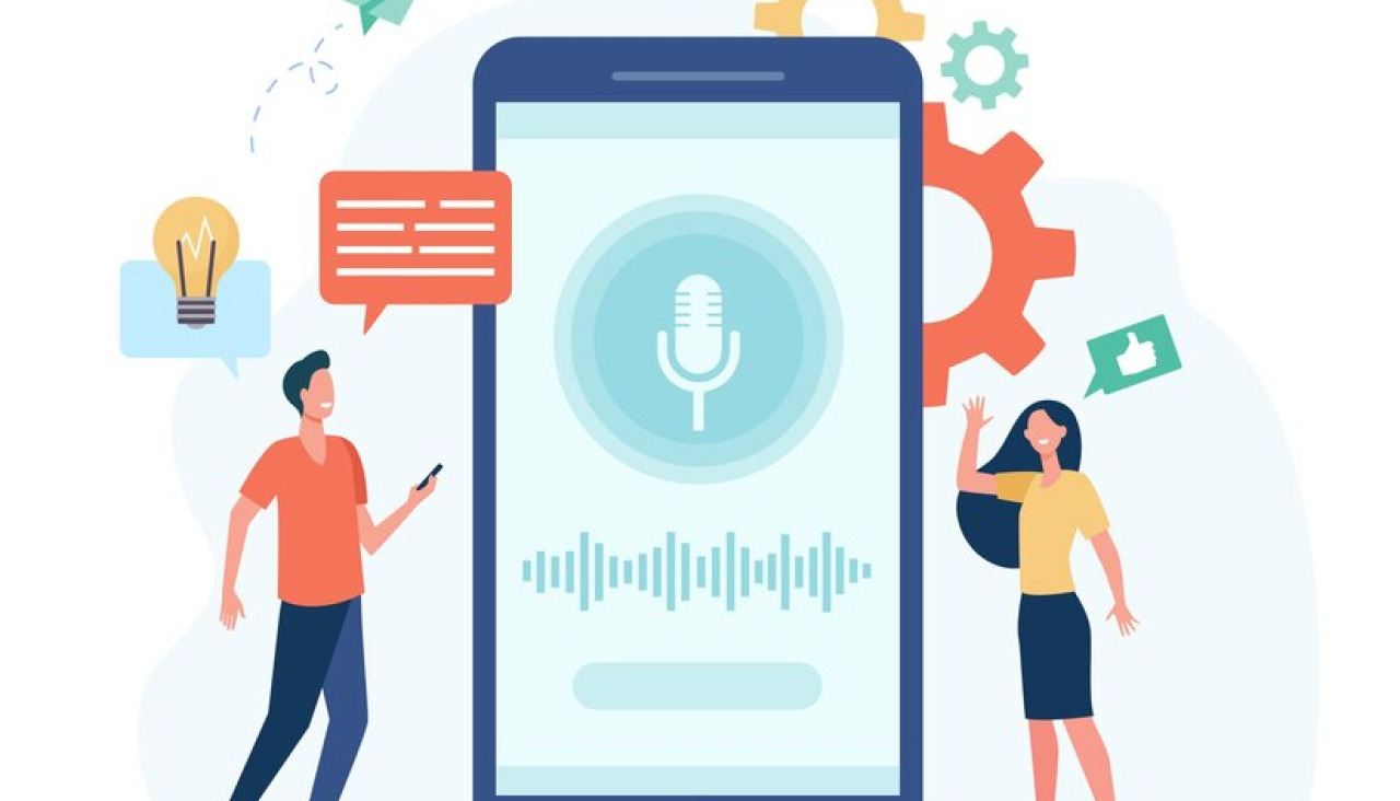 Personas telefonos moviles que utilizan software asistente voz inteligente hombre mujer junto pantalla microfono ondas sonoras grabacion sonido interfaz aplicacion concepto tecnologia ai 74855 10131