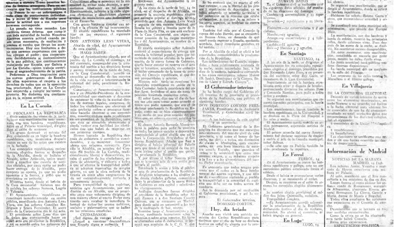 Portada de El Ideal Gallego con la noticia de la proclamaciu00f3n de la Repu00fablica