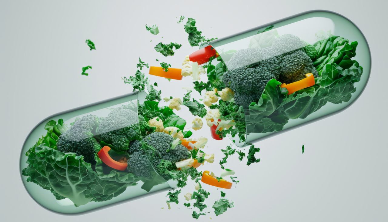 Vista de alimentos saludables envasados en un recipiente en forma de pastilla
